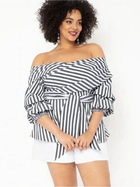 Off-Shoulder Grey & White Striped Peplum Top Sz 22
